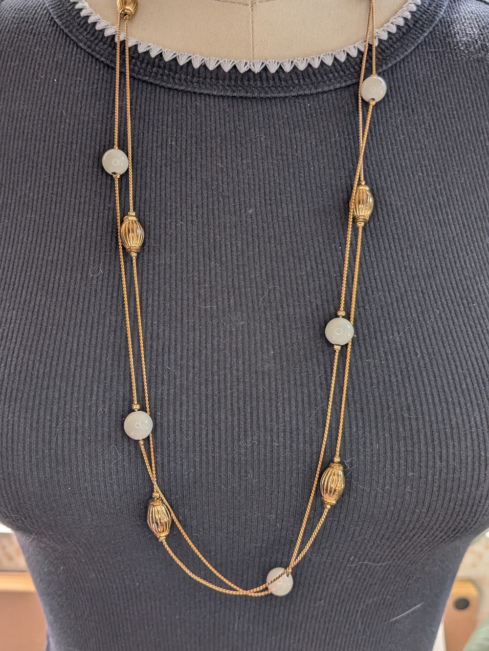 Vintage Double Strand Gold Tone Fluted Bead Cream Lucite Station Necklace